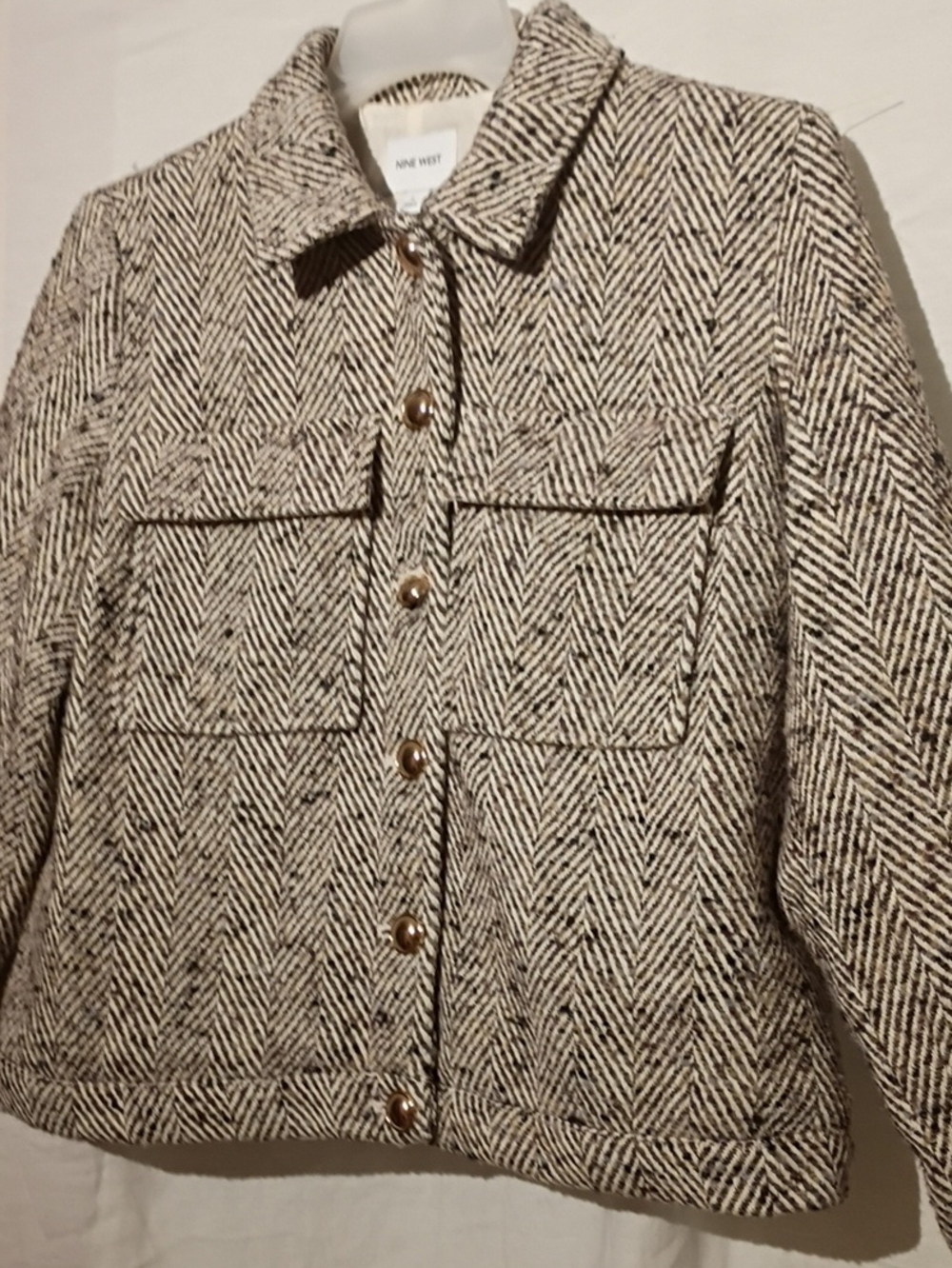 Herringbone Wool Blend Button Jacket, Cream Lining, Nine West Sz 12, NWOT
